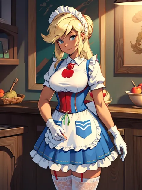 (highres), (absurdreest quality), (high quality), (masterpiece), AppleJack, Applejack from my little pony, big breastes, Lush breasts, elastic breasts, exuberant hair, straight hair, red elastic band on the hair, toned body, brawn, housemaid, maid, maid he...