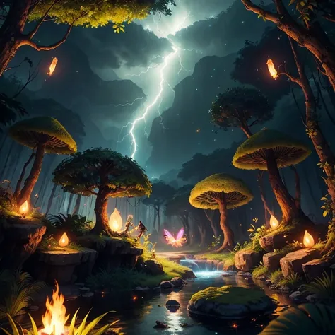 Fantasy in a glass, "ethereal roses, beautiful girls, cute slime animals, glowing little mushrooms surrounded by delicate leaves and branches, and fireflies and glowing particle effects", (natural elements), (jungle theme), (leaves), (branches), (fireflies...