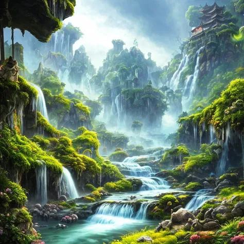 Many islands suspended in the air, airships flying large and small in the sky, martial arts, ancient Chinese architecture, waterfalls, fantasy, wonderland, growing magical plants, mist, extreme details, realistic light, epic composition, (intricate details...