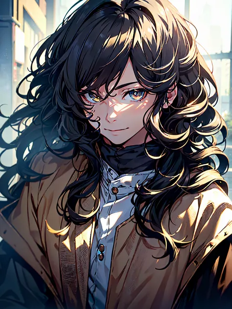 (Best Quality,4k,8K,hight resolution,Masterpiece:1.2),Ultra-detailed,(Realistic,Photorealistic,photo-realistic:1.37),the anime,menino,Wavy Hair,black hair,Twinkling eyes,golden eyes,Shirt,cloak,Dark clothing,arrogance,Portrait,upper-body,aura,血,madness,smi...