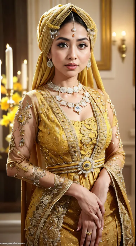 RAW, Best quality, high resolution, masterpiece: 1.3), beautiful Malay woman in hijab,Masterpiece, perfect fit body, thick thighs, (Huge breasts), big gorgeous eyes, Soft smile,((Close Up)),woman in a yellow top kebaya and black skirt standing on a sidewal...