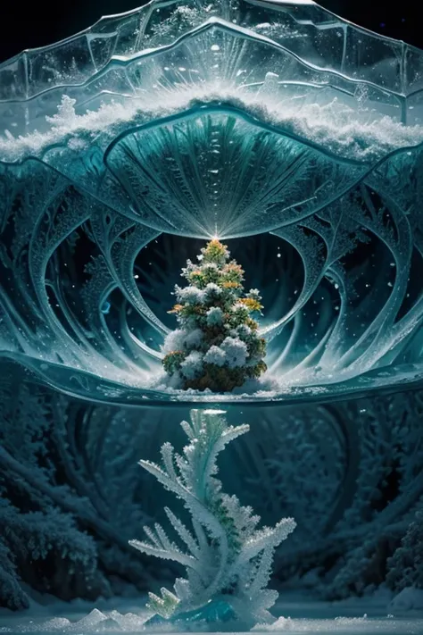 Explore the intersection between nature and the magical world of cannabis . Visualize a frozen universe where cannabis intertwines with elements of freezing and growth, creating a unique waterscape. Describe a mesmerizing and surreal scene that captures th...