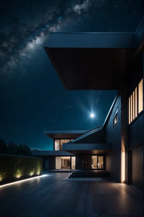 dark futuristic fantasy house, in space, sci-fi theme, landscape, neon lights, architectural visualiization, (RAW photo, real, best quality, masterpiece:1.2), detailed, (hyper realistic, photo-realistic:1.2), high quality, (dark lighting:1.2), perfect ligh...