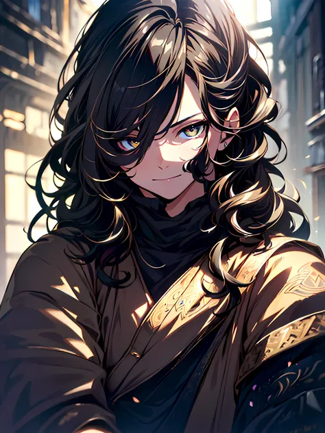 (Best Quality,4k,8K,hight resolution,Masterpiece:1.2),Ultra-detailed,(Realistic,Photorealistic,photo-realistic:1.37),the anime,menino,Wavy Hair,black hair,Twinkling eyes,golden eyes,Shirt,cloak,Dark clothing,arrogance,Portrait,upper-body,aura,血,madness,smi...