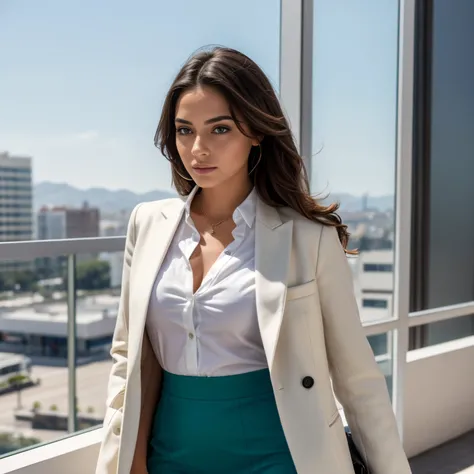 "Crear una imagen digital de una mujer europea con cabello rubio y liso, ojos verdes, y una figura perfecta, de 1,75 metros de altura. Su piel es bronceada y tersa. She is dressed in a business suit of skirt and jacket, complementado con una camisa blanca....