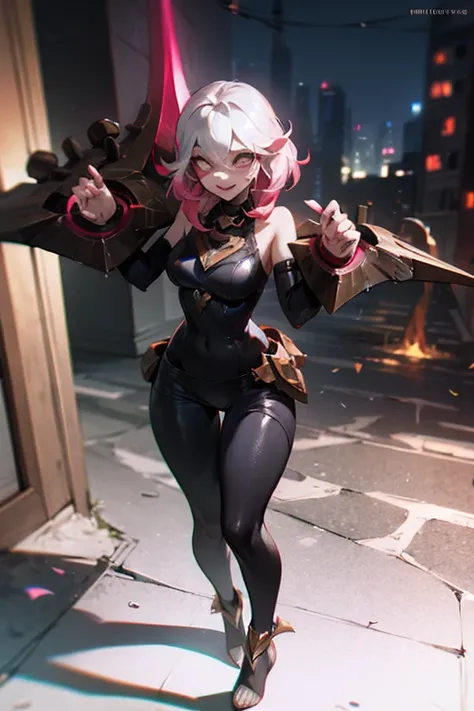 black body suit, briar, league of legends, white hair, white eyes, in city, wink