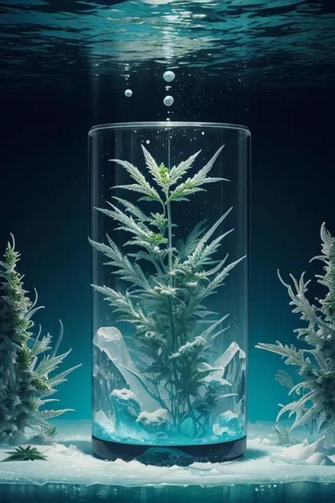 "Explore o fascinante mundo da cannabis congelada com Frozen Cannabis. Visualize an aquatic environment where cannabis elements are immersed in a frozen state, creating a unique underwater landscape. Describe an intriguing and surreal scene that captures t...