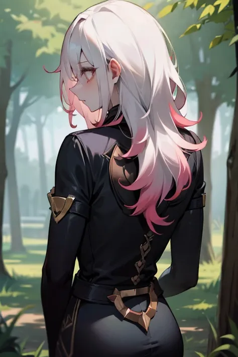 briar, league of legends, white hair, white eyes, in woods, back turned