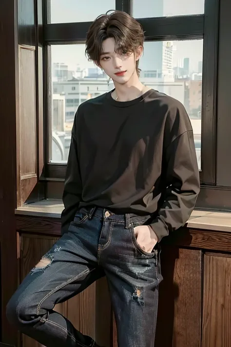 ((4K Portfolio))、master-piece、（最高品質)、((high image quality))、((Manly Boy.))、Slim body、((black jeans shirt))、(detailed beautiful eyes)、windows、He looks like Jaewon from Ru Seraphim........、((Short hairstyles....))、((Smaller faces))、((Neutral face))、((Light b...