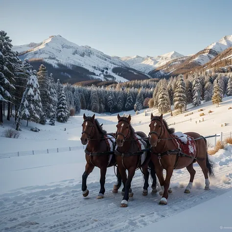 Winter landscape,three white horses harnessed to a sleigh,Santa Claus is watching in the sleigh