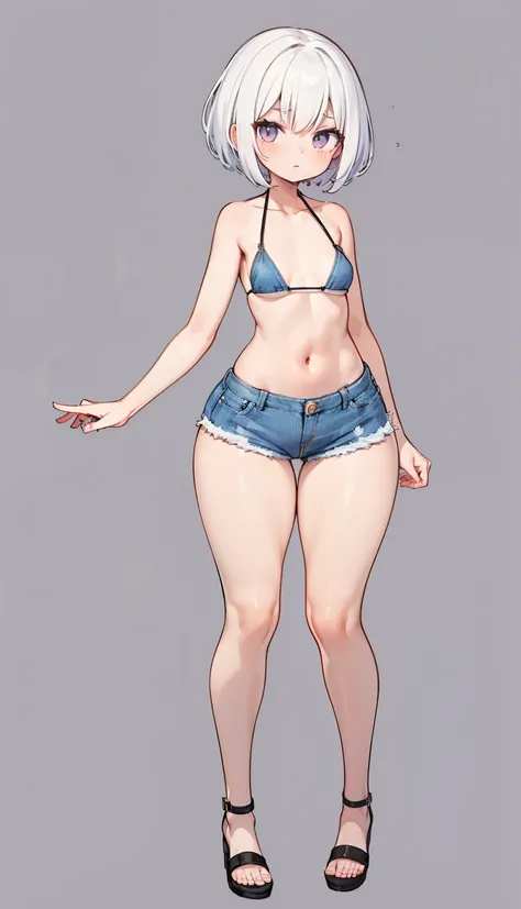 (small breasts, tiny breasts), SFW, (short ((white hair))), (bikini top, short jeans), curvy, thin waist, tall legs, tall girl, slim figure, slim girl, long legs, thin legs, wide hips, slim proportions