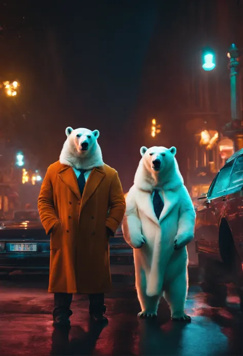 2 detectives polar bears, wearing sunglasses, looking mysterious, smoking , smoke everywhere, in the streets, high quality, high detail, 8k, neon lights