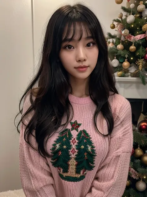 Beautuful Women，Korean girl，Long curly black hair，ssmile，largeeyeair skin，Air bangs，Pink sweater，Christmas tree