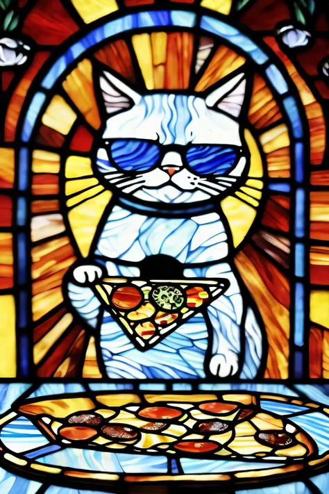 (masterpiece, best quality), detailed, high res, stained-glass, a cat in sunglasses with peperoni pizza, realistic, UHD, 8K, colorful