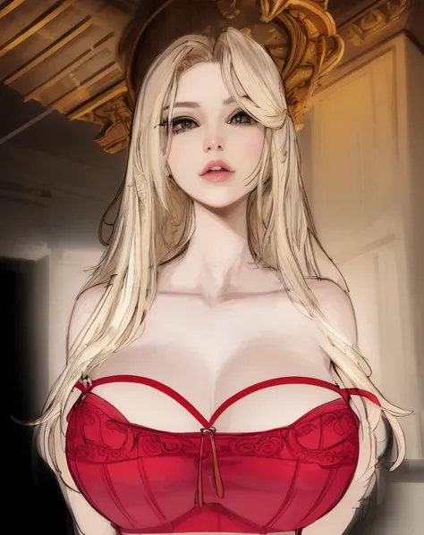 there is a woman with a red bra top posing for a picture, ava max, long blonde hair and large eyes, realistic digital illustration, blonde goddess, artgasm. painting of sexy, sultry digital painting, with a large breasts, realistic artstyle, realistic shad...