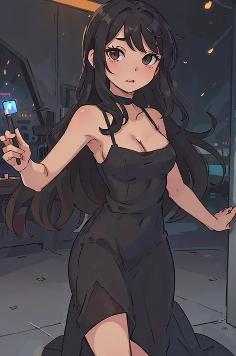 long dress, black dress, black hair, long hair, brown eyes, nightclub, cleavage, small boobs