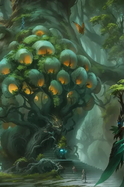 Close-up of a person, standing on a stone near a tree, Old Humanoid Ents, Lore Treant Dryad, Strange alien trees, Treant, ENC, Strange alien forest, Alien Trees, A giant ethereal creature, but, tyler edlin fantasy art, Award-winning concept artist, environ...