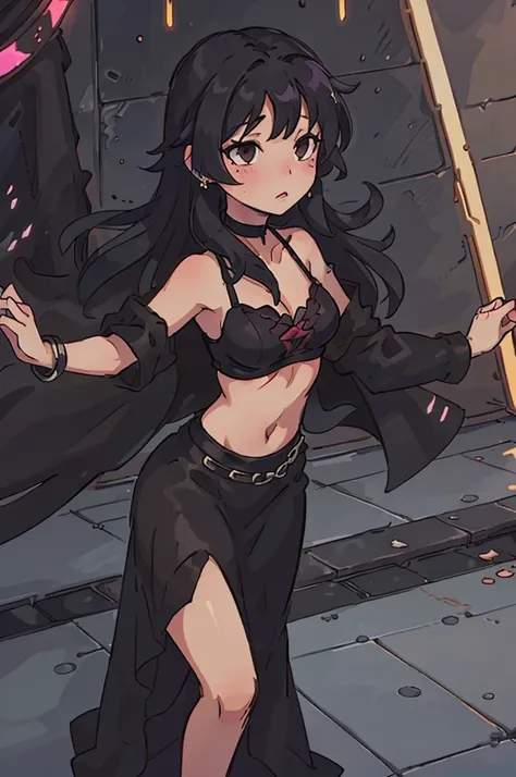 long dress, black dress, black hair, long hair, brown eyes, nightclub, cleavage, small boobs, black cloak, silver jewelry, rubies, black choker, dancing, midriff, legs