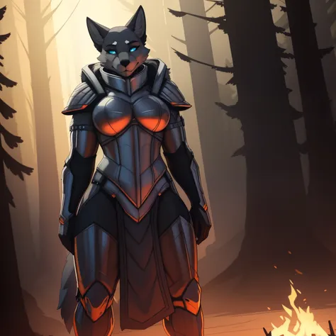 tall_muscular_wolf female dark_gray_furry_body blue_eyes very_fluffy hazy_sky forest_fire solo masterpiece best_quality absurdre...