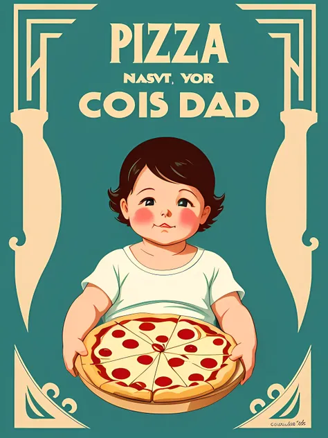 Pizza baby, simple design, poster, art deco style, 1920s, a chubby infant holding a pizza