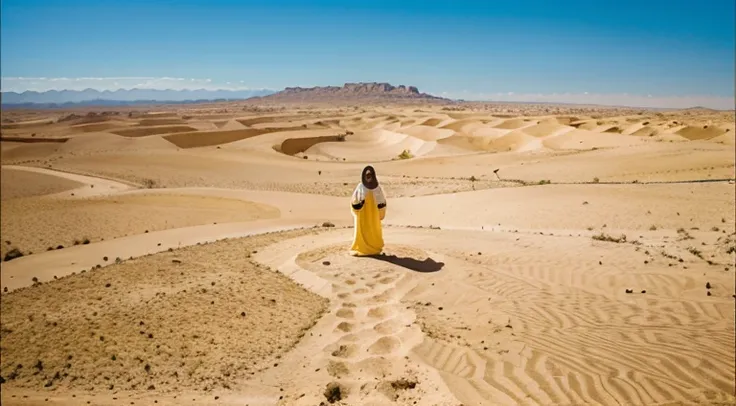 Jesus Christ in the desert, cloudless sky, blue sky, yellowish sun.