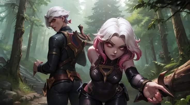 black body suit, briar, league of legends, white hair, white eyes, in woods, back turned