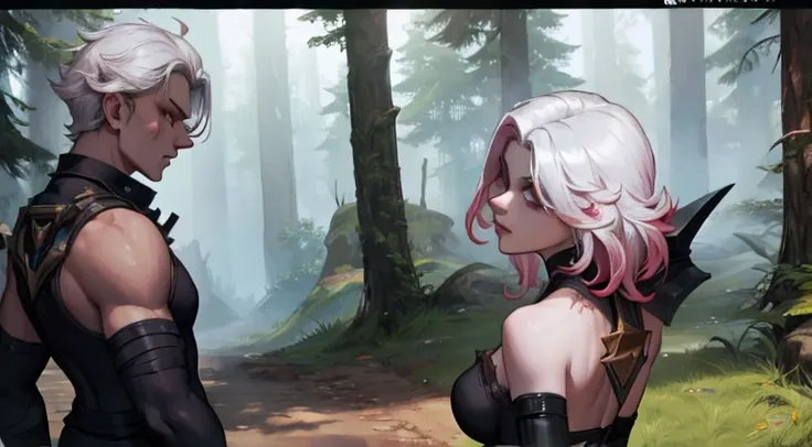 black body suit, briar, league of legends, white hair, white eyes, in woods, back turned