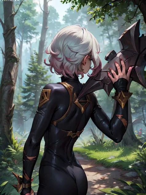 black body suit, briar, league of legends, white hair, white eyes, in woods, back turned