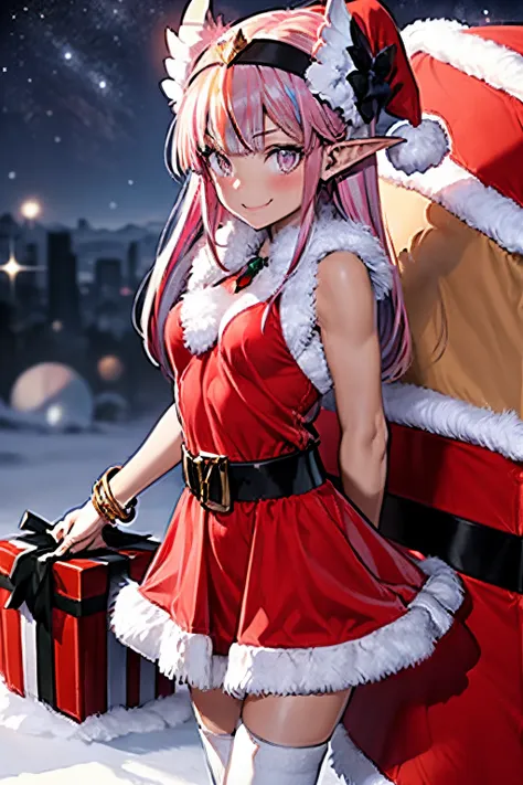 {circe_fgo:1.15}, pointed_ears, pink_hair, santa hat in head, wings, fringe, feathered_wings, long_hair, jewel, smile, small bre...