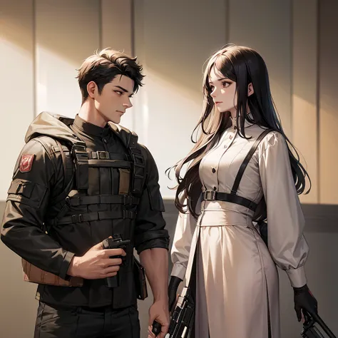 A woman and a man looking at each other face to face in front of each other holding WEAPONS and guns pointing at each other