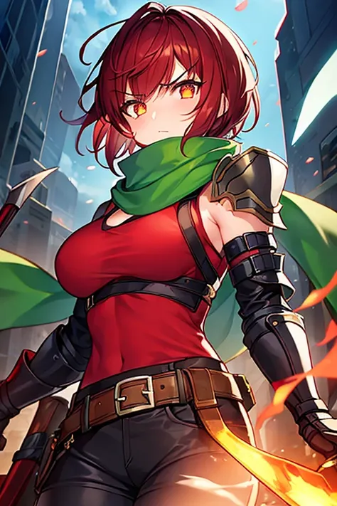 1girl, short hair, medium hair, angry, axe, green scarf, scar, scar on face, covered mouth, glowing eyes, breasts, medium breasts, red shirt, shoulder armor, black pants, belt, red hair,