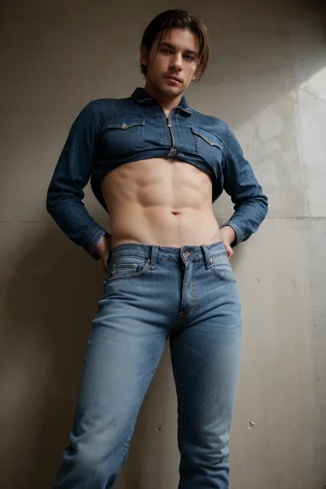 ((best quality)), ((masterpiece)), (detailed), jeans, big bulge, big dick, ((texture)), Woven fabric, Visible Penis Line, Waistline, Blue jeans, pants, bulge, man, masculine, boot cut jeans, front zipper