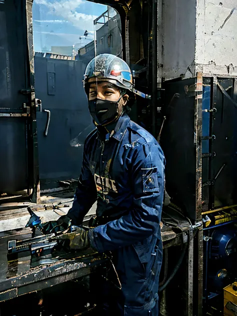 Serralheiro soldando, spark flying, policorte ao fundo, welding machine on the side, atmosfera azul.