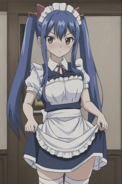 (((wendy))), fairy tail, anime art style, 1girl, solo, small_breasts, dressed, long_hair, looking at viewer, ((maid bowing, clot...