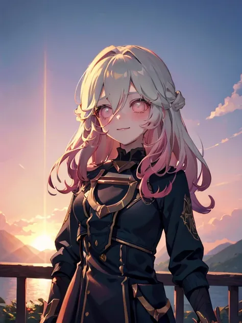 A girl with long hair, smiling with direct eye contact, is standing outdoors in front of a picturesque mountain. The sky above her is painted in hues of orange and pink as the sun sets, creating a beautiful sunset. In the background, there is a serene temp...