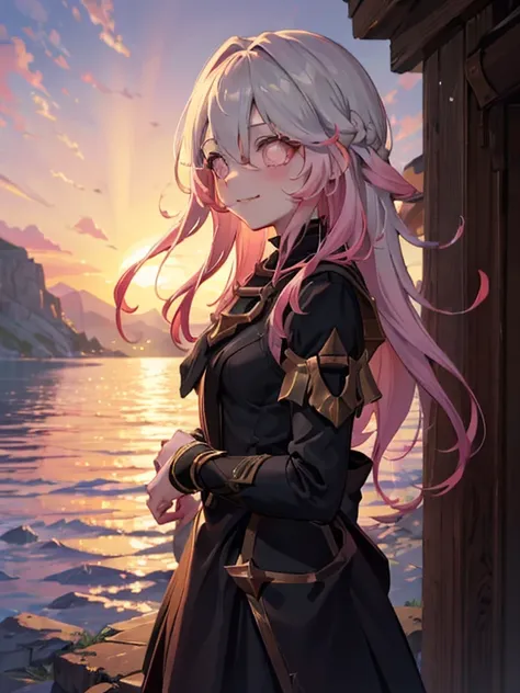 A girl with long hair, smiling with direct eye contact, is standing outdoors in front of a picturesque mountain. The sky above her is painted in hues of orange and pink as the sun sets, creating a beautiful sunset. In the background, there is a serene temp...