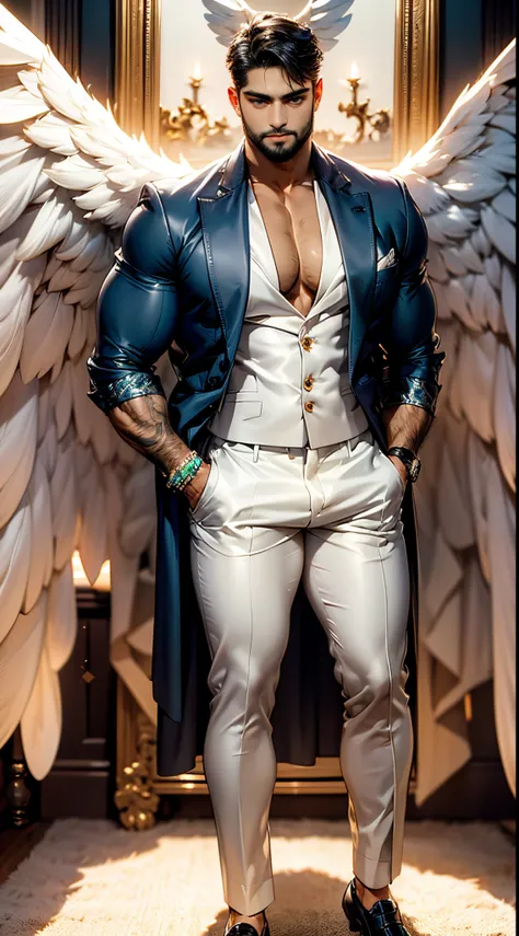 (best quality,ultra-detailed,realistic:1.37), daegan tronos character(1), handsome, dark skin, dark-tanned, perfect wings angel,...