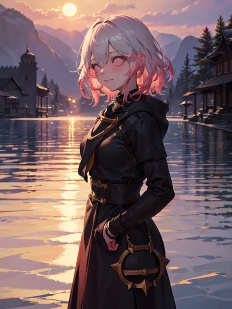 A girl with short hair, smiling with direct eye contact, is standing outdoors in front of a picturesque mountain. The sky above her is painted in hues of orange and pink as the sun sets, creating a beautiful sunset. In the background, there is a serene tem...