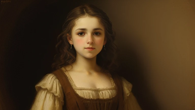 1girl, beautiful teenage peasant girl, very small breasts, short wavy brown hair, portrait, oil painting, modern, realistic proportions, intricate, intricate details, sharp focus, Rembrandt style lighting,