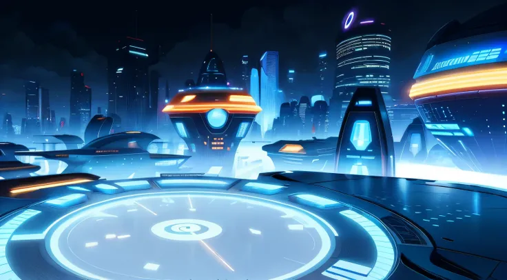 Futuristic city with futuristic spaceships and futuristic buildings in the background, Futuristic setting, futuristic city backdrop, cidade futurista no fundo, Porto espacial futurista, em uma arena futurista, futuristic environment, Paisagem urbana futuri...