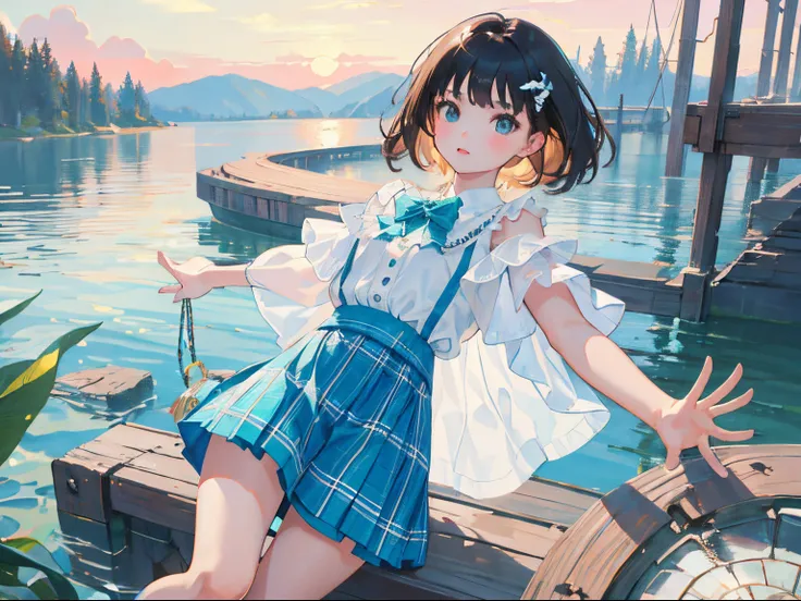 (child），（​masterpiece，Highest Quality），（turquoise plaid mini skirt），White short-sleeved blouse，A dark-haired，lake