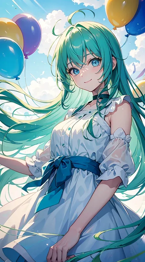 Blue-green hair,blue eyess,Twin-tailed,white  clothes,calm,smiling blue sky,Grains of light,soap bubbles,balloons