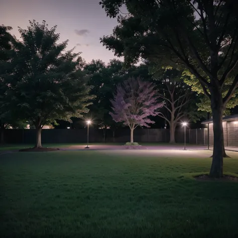 Photo of a park at night, purple lighting. There is a grey toned wall to the right. Photo is taken close up. There is grass and tree. The style of the photo looks digitally drawn.