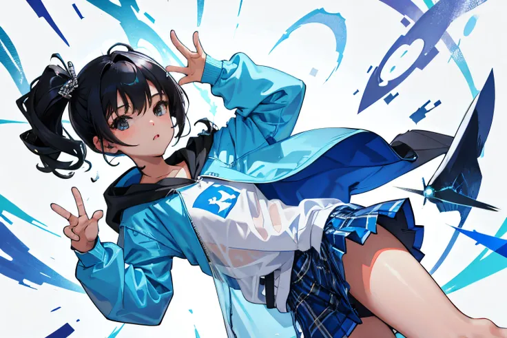 child，（​masterpiece，Highest Quality），Light blue sheer hoodie，plaid skirts，A dark-haired，Twin-tailed