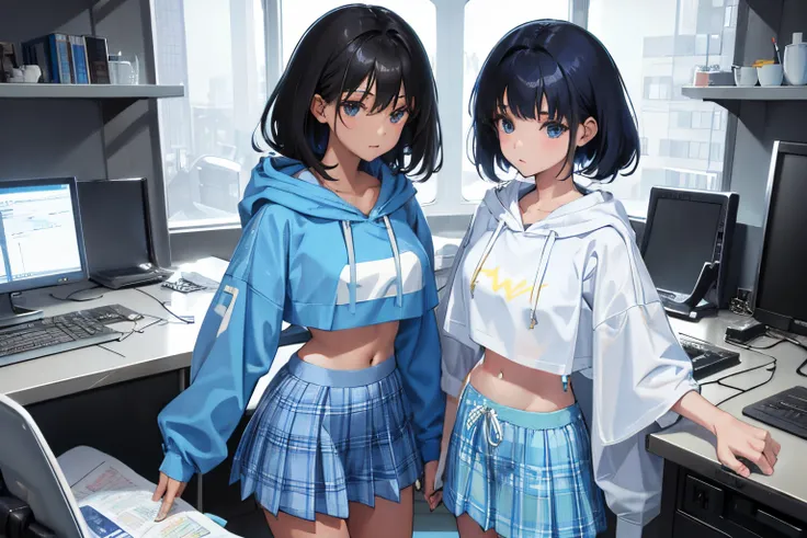 child，（​masterpiece，Highest Quality），Light blue sheer hoodie，Crop Top Look，plaid skirts，A dark-haired，Twin-tailed