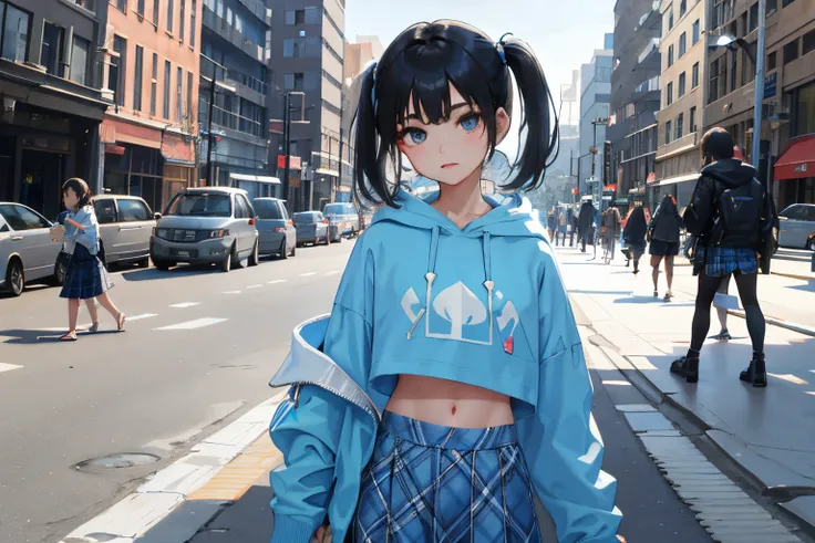 child，（​masterpiece，Highest Quality），Light blue sheer hoodie，Crop Top Look，plaid skirts，A dark-haired，Twin-tailed