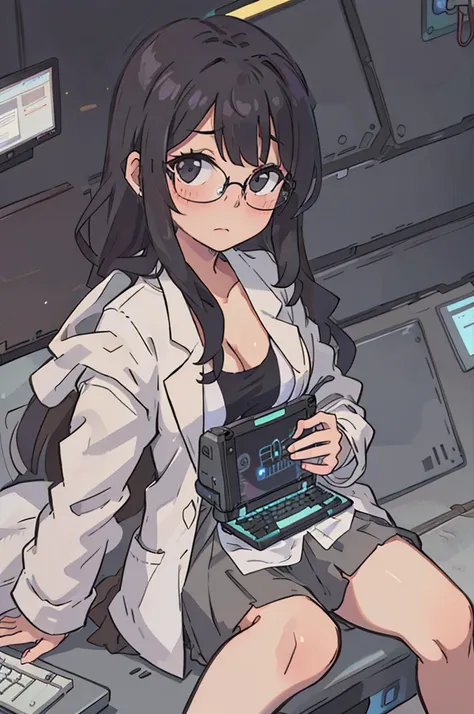 black hair, girl, long hair, scientist, glasses, cleavage, sitting by futuristic computer screen, typing on holographic keyboard, closed coat, (lab coat), knee-length skirt, tight skirt, office shirt