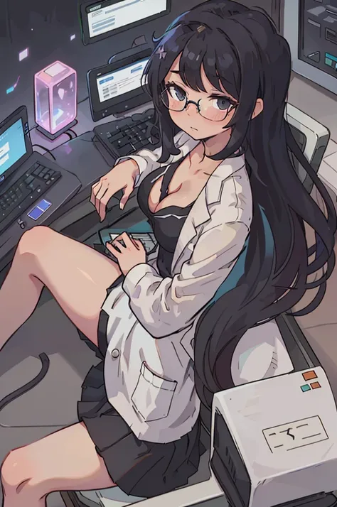 black hair, girl, long hair, scientist, glasses, cleavage, sitting by futuristic computer screen, typing on holographic keyboard, closed coat, (lab coat), knee-length skirt, tight skirt, office shirt