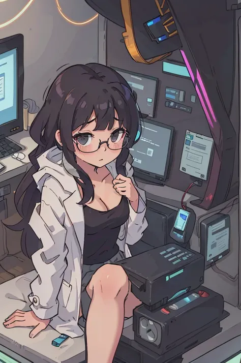 black hair, girl, long hair, scientist, glasses, cleavage, sitting by futuristic computer screen, typing on holographic keyboard, closed coat, (lab coat), knee-length skirt, tight skirt, buttoned shirt