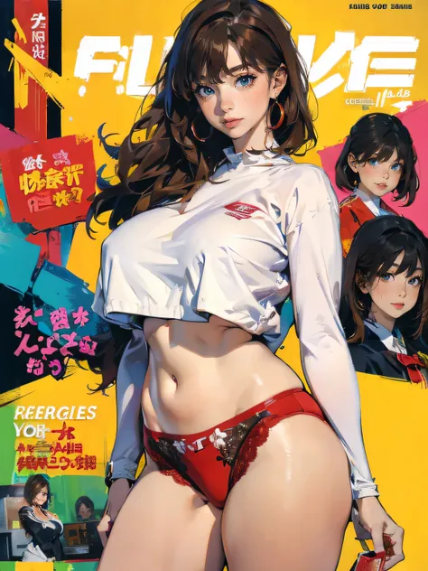 (masterpiece:1.2, best quality), (magazine cover), (colorful Magazine cover with lots of text), brilliant colorful paintings, Comic cover style, (Best Quality, 8k, 32k,1 Girl, Gigantic Breasts, Thick Thighs, Super Wide Hips, Huge Ass, Perfect Body, Ultra D...